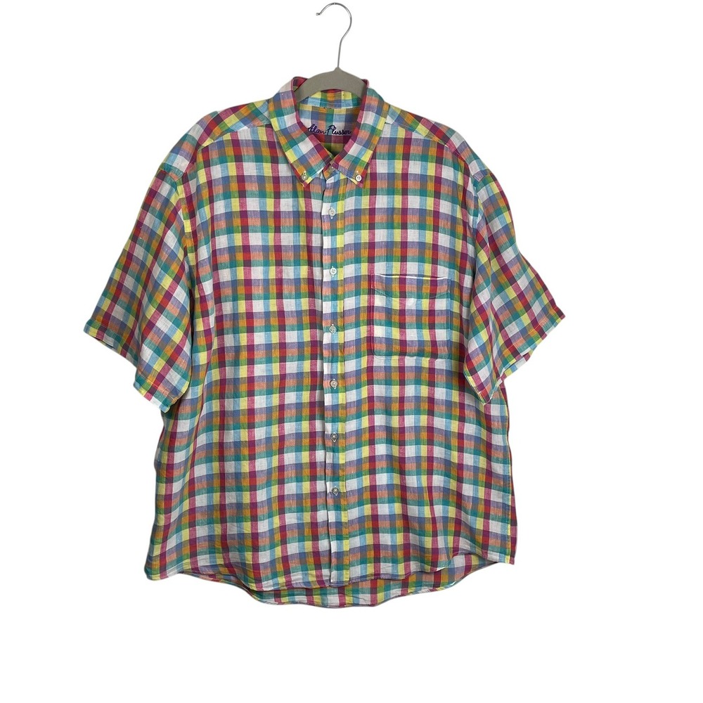 Alan Flusser Mens Rainbow Plaid Linen Blend‎ Short Sleeve Button Down Shirt XL